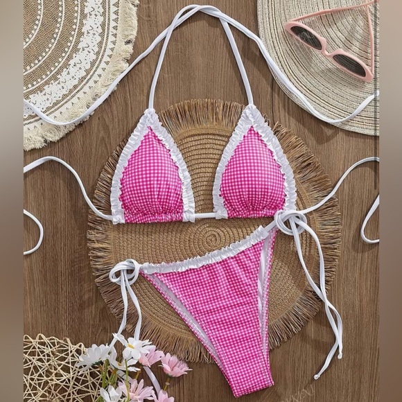 Pink Gingham Ruffle Side Tie Bikini Set - Picture 3 of 8